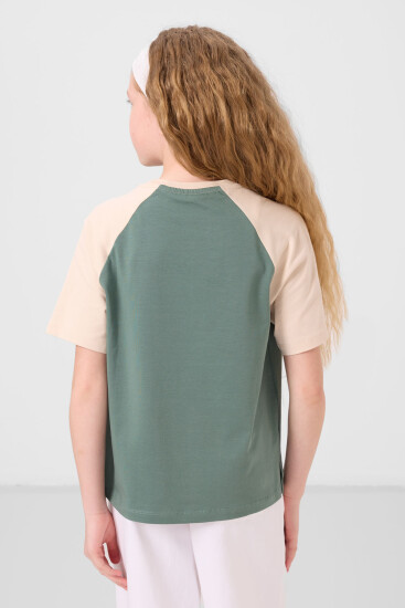 Açık Yeşil O Yaka Pamuklu Baskılı Oversize Fit Kız Çocuk T-Shirt - 75179 - Thumbnail