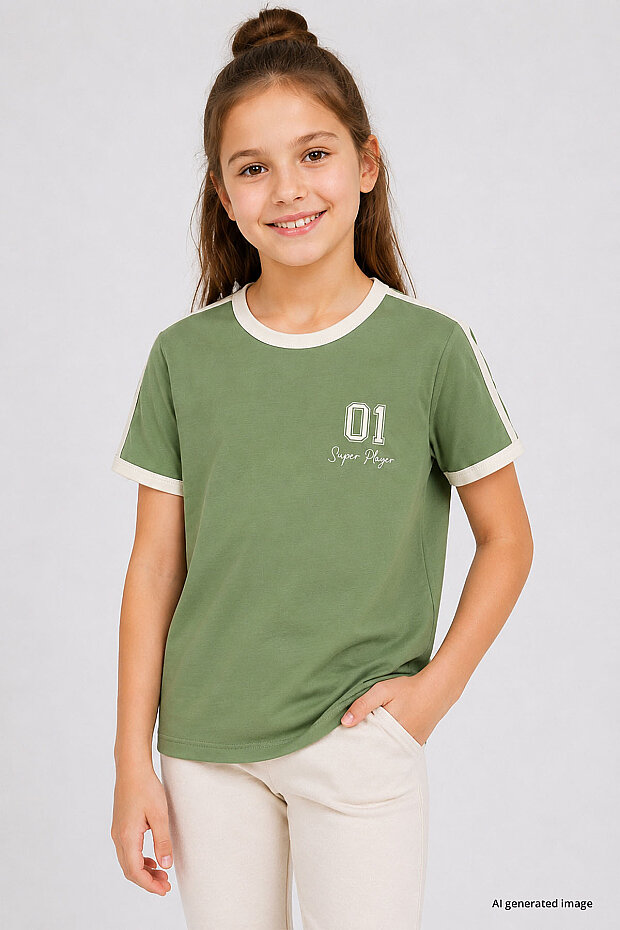 Kaktüs Omuz Biye Detaylı Baskılı Kız Çocuk T-Shirt - 75181 - 2