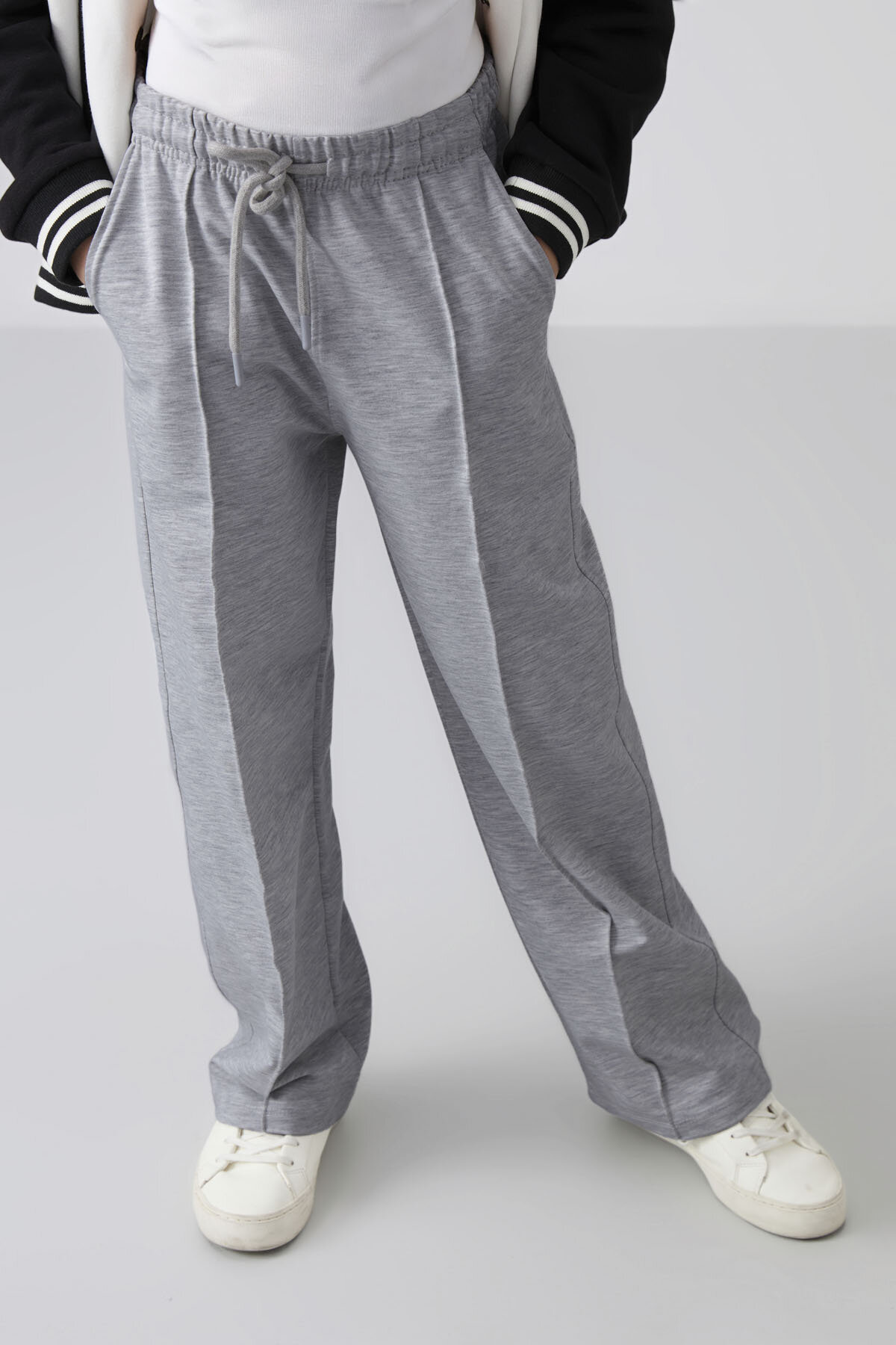 Kar Melanj Cepli Ön Dikiş Detaylı Geniş Paça Kız Çocuk Eşofman Altı -75144 - TOMMYLIFE (1)