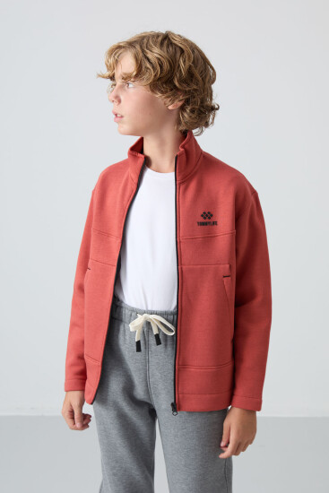 Kiremit Pamuklu Kalın İçi Tüylü Yumuşak Dokulu Standart Fit Nakışlı Erkek Çocuk Sweatshirt - 11245 