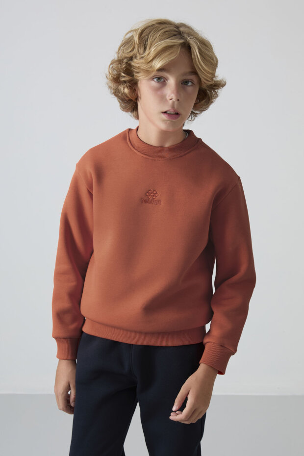 Kiremit Pamuklu Kalın İçi Tüylü Yumuşak Dokulu Standart Fit Nakışlı Erkek Çocuk Sweatshirt - 11232 - 4