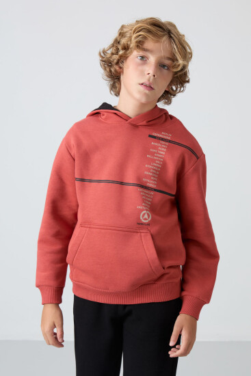 Kiremit Pamuklu Kalın İçi Tüylü Yumuşak Dokulu Standart Fit Baskılı Erkek Çocuk Sweatshirt - 11239 