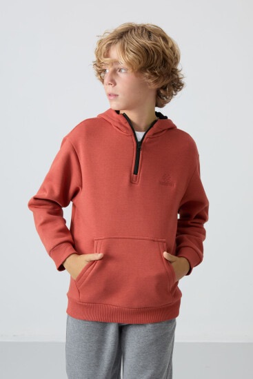 Kiremit Pamuklu Kalın İçi Tüylü Yumuşak Dokulu Standart Fit Nakışlı Erkek Çocuk Sweatshirt - 11244 