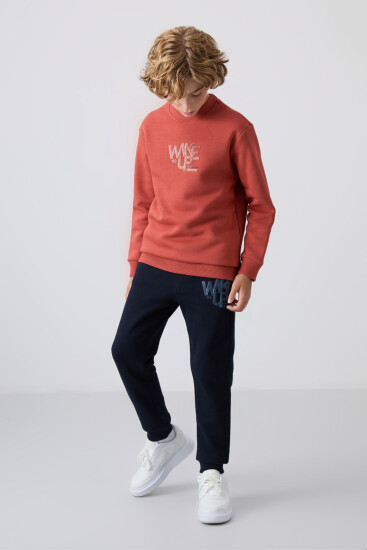 Kiremit-Lacivert Pamuklu Kalın İçi Tüylü Standart Fit Baskılı Erkek Çocuk Eşofman Takım - 11253 - TOMMYLIFE