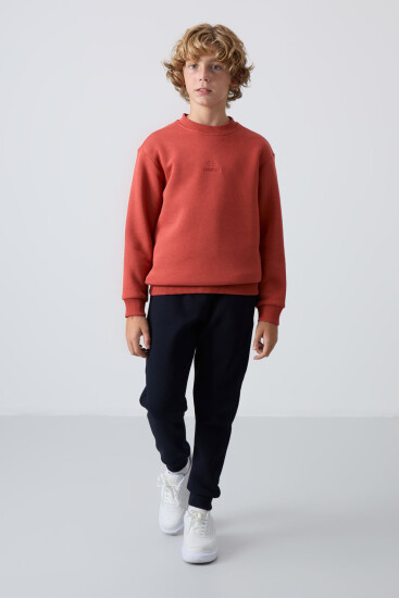 Kiremit-Lacivert Pamuklu Kalın İçi Tüylü Standart Fit Nakışlı Erkek Çocuk Eşofman Takım - 11249 - TOMMYLIFE