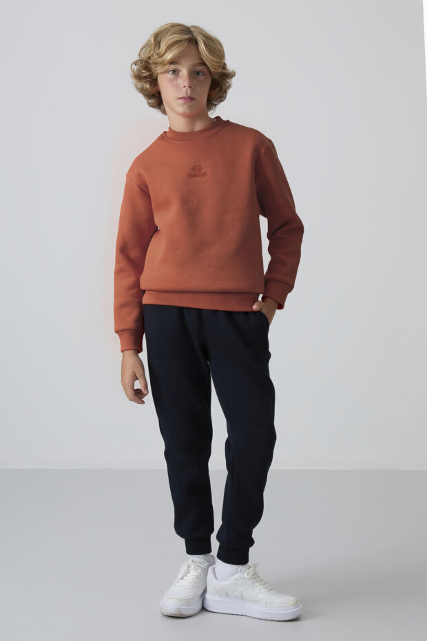 Kiremit Pamuklu Kalın İçi Tüylü Yumuşak Dokulu Standart Fit Nakışlı Erkek Çocuk Sweatshirt - 11232 - 2