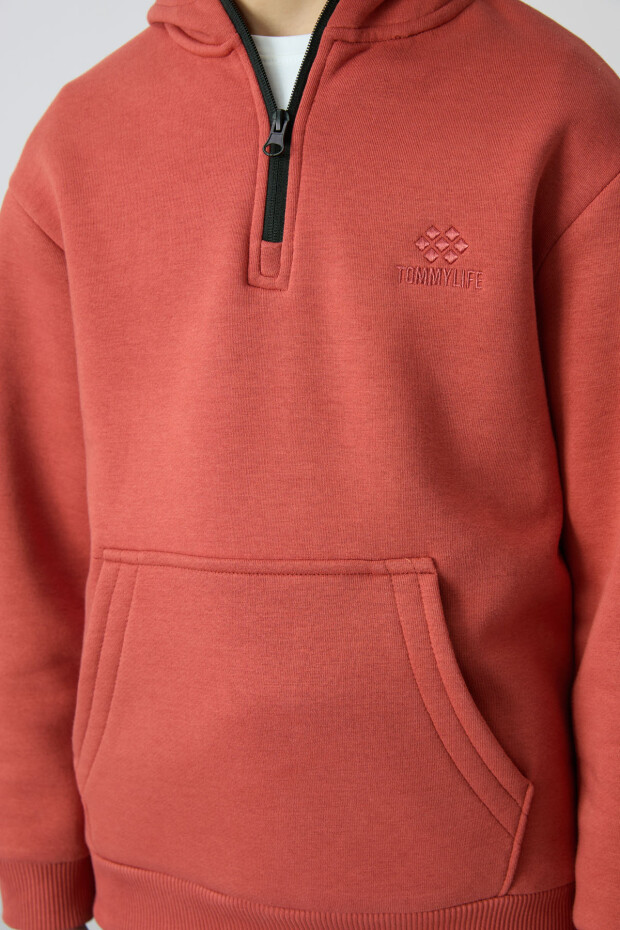 Kiremit Pamuklu Kalın İçi Tüylü Yumuşak Dokulu Standart Fit Nakışlı Erkek Çocuk Sweatshirt - 11244 - 3