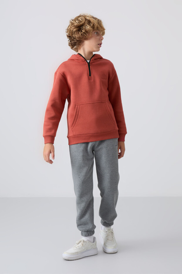 Kiremit Pamuklu Kalın İçi Tüylü Yumuşak Dokulu Standart Fit Nakışlı Erkek Çocuk Sweatshirt - 11244 - 2