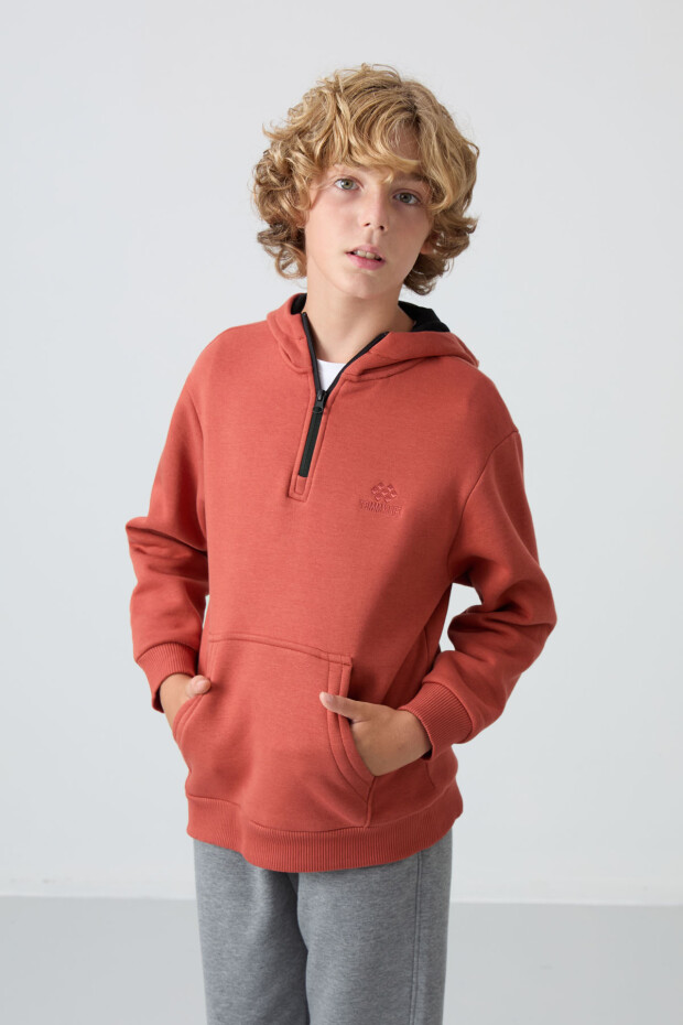 Kiremit Pamuklu Kalın İçi Tüylü Yumuşak Dokulu Standart Fit Nakışlı Erkek Çocuk Sweatshirt - 11244 - 4