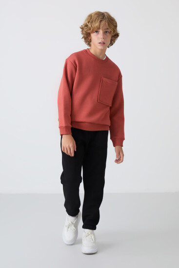 Kiremit-Siyah Pamuklu Kalın İçi Tüylü Standart Fit Baskılı Erkek Çocuk Eşofman Takım - 11257 - TOMMYLIFE