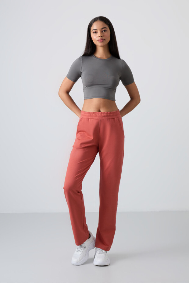 Kiremit Yüksek Bel Cepli Rahat Form Klasik Paça Kadın Eşofman Alt - 94584 - 1