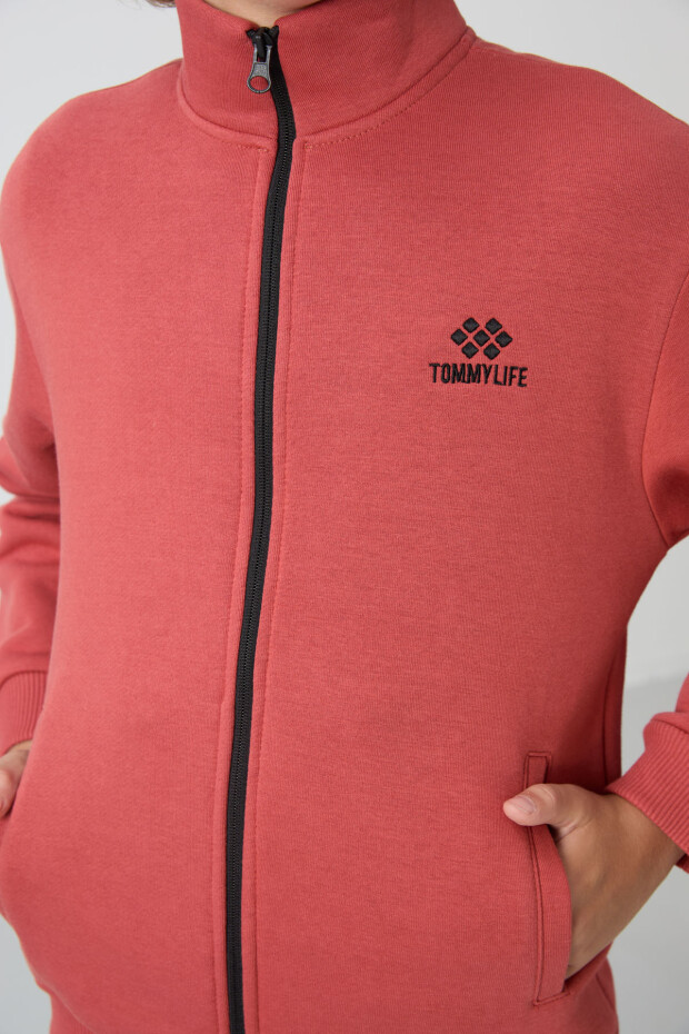 Kiremit-Siyah Pamuklu Kalın İçi Tüylü Standart Fit Nakışlı Erkek Çocuk Eşofman Takım - 11256 - 5