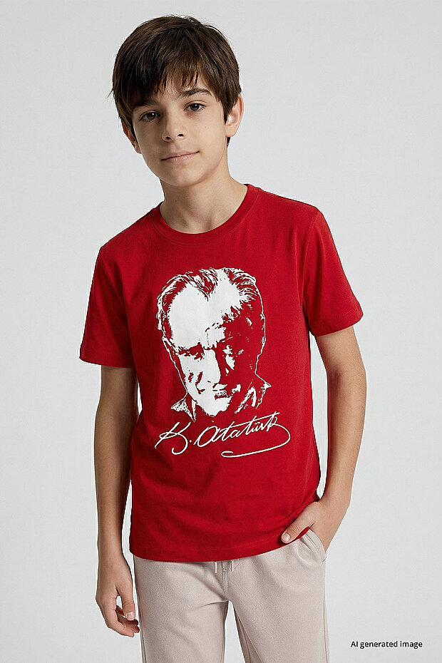 Kırmızı Atatürk Baskılı Unisex Çocuk T-Shirt - 11332 - 3