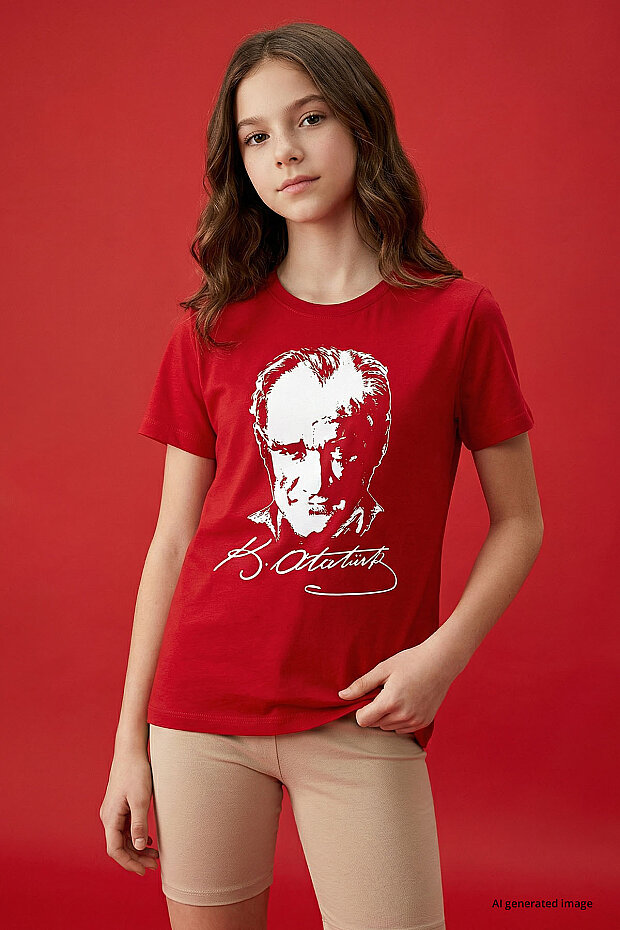 Kırmızı Atatürk Baskılı Unisex Çocuk T-Shirt - 11332 - 2