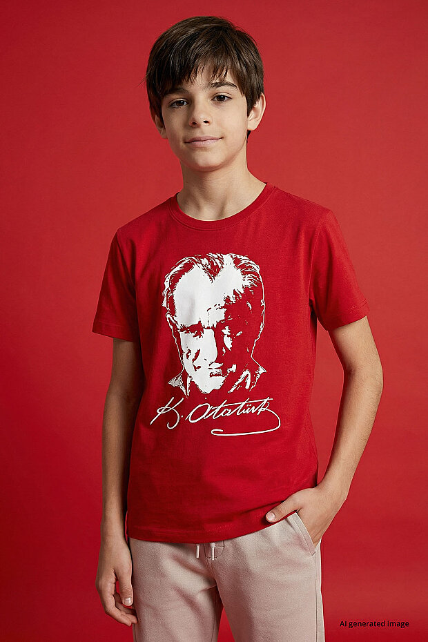 Kırmızı Atatürk Baskılı Unisex Çocuk T-Shirt - 11332 - 4