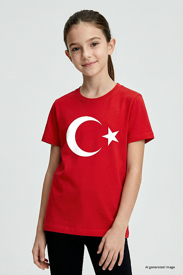 Kırmızı Ay Yıldız Baskılı Unisex Çocuk T-Shirt - 11333 - 4