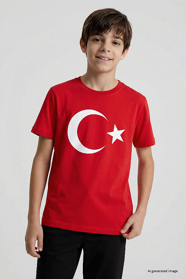 Kırmızı Ay Yıldız Baskılı Unisex Çocuk T-Shirt - 11333 - 5