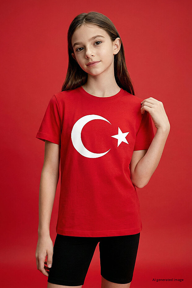 Kırmızı Ay Yıldız Baskılı Unisex Çocuk T-Shirt - 11333 - 3