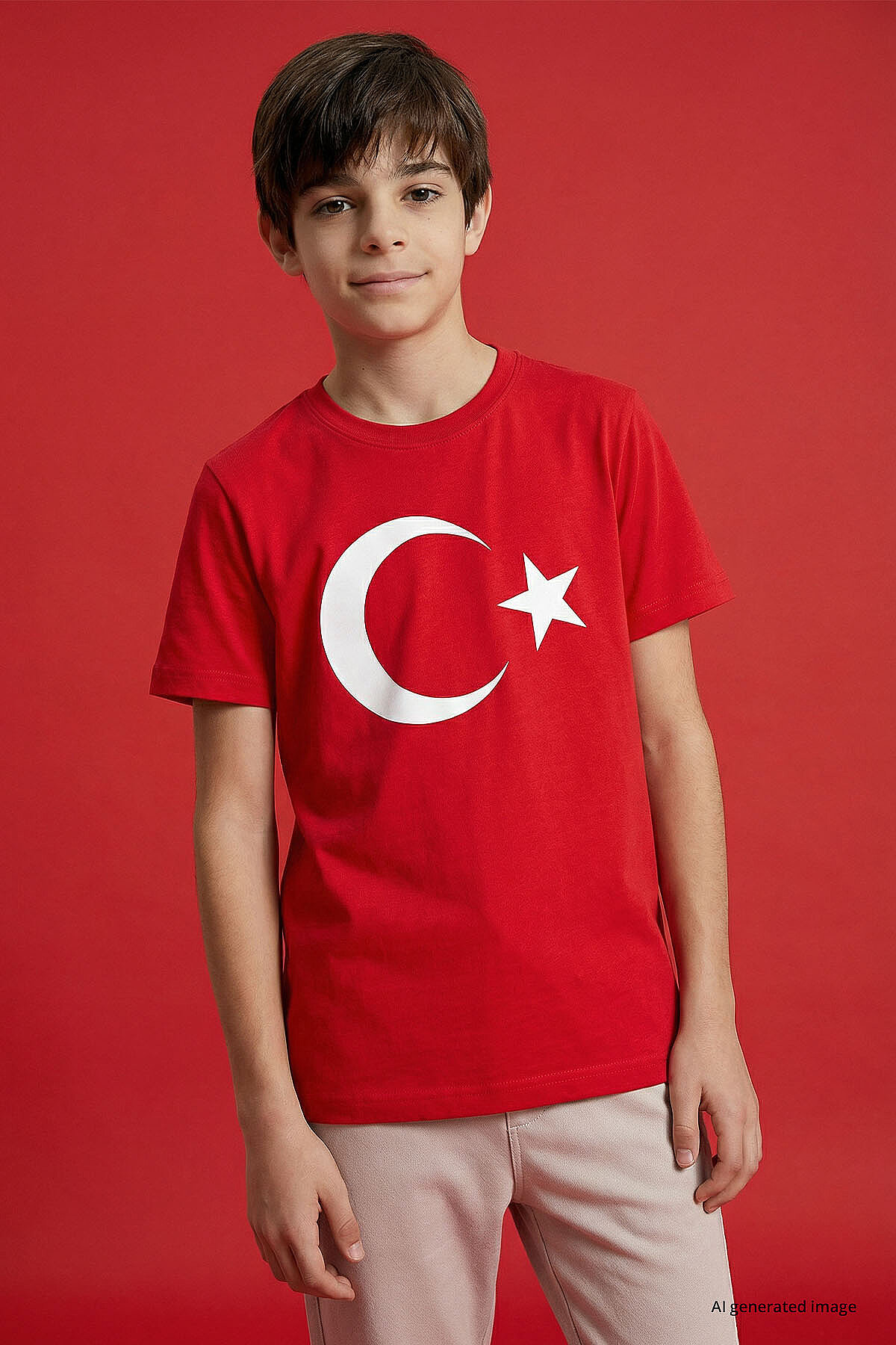 Kırmızı Ay Yıldız Baskılı Unisex Çocuk T-Shirt - 11333 - TOMMYLIFE (1)