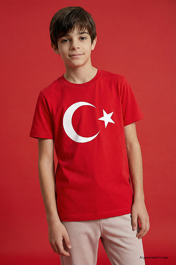 Kırmızı Ay Yıldız Baskılı Unisex Çocuk T-Shirt - 11333 - 2
