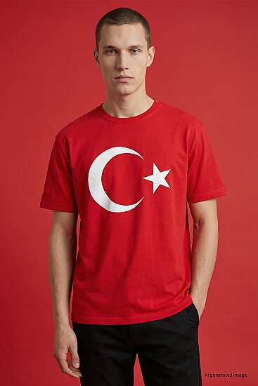 Kırmızı Ay Yıldız Baskılı Unisex T-Shirt - 88509 - TOMMYLIFE (1)