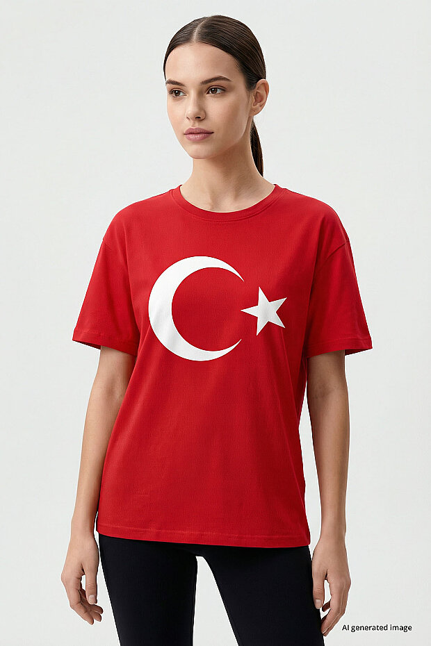 Kırmızı Ay Yıldız Baskılı Unisex T-Shirt - 88509 - 3
