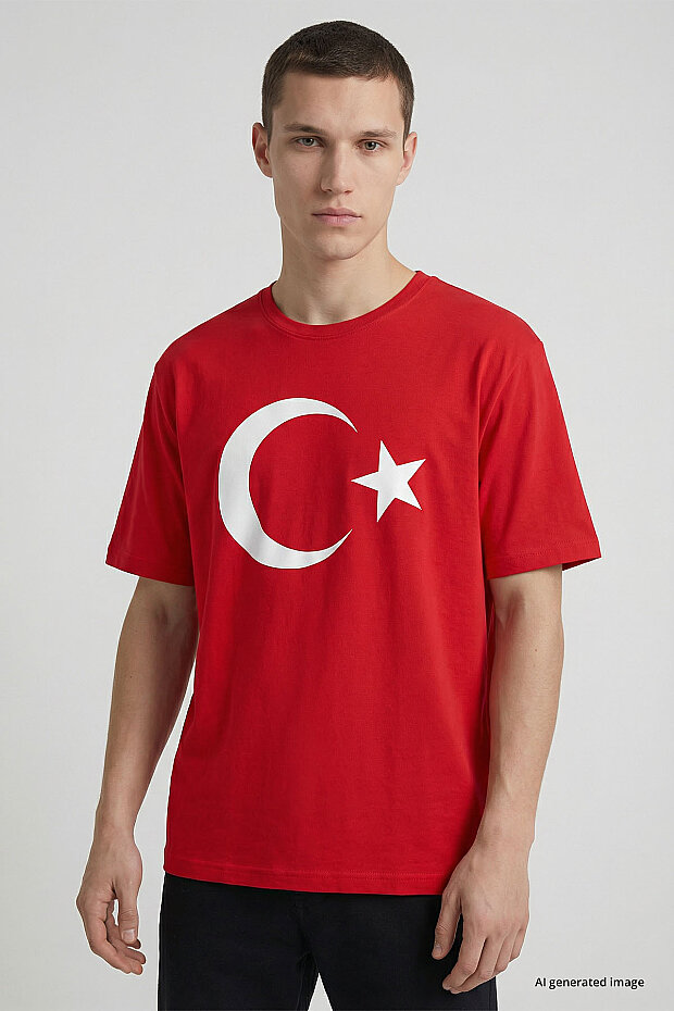 Kırmızı Ay Yıldız Baskılı Unisex T-Shirt - 88509 - 4