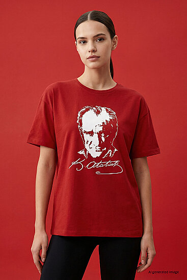 Kırmızı Ay Yıldız Baskılı Unisex T-Shirt - 88510 