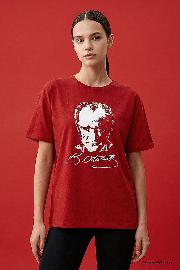 Kırmızı Ay Yıldız Baskılı Unisex T-Shirt - 88510 - 1