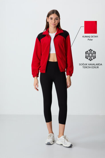 Kırmızı Kalın Yumuşak Dokulu Dik Yaka Oversize Nakışlı Polar Kadın Sweatshirt - 97293 