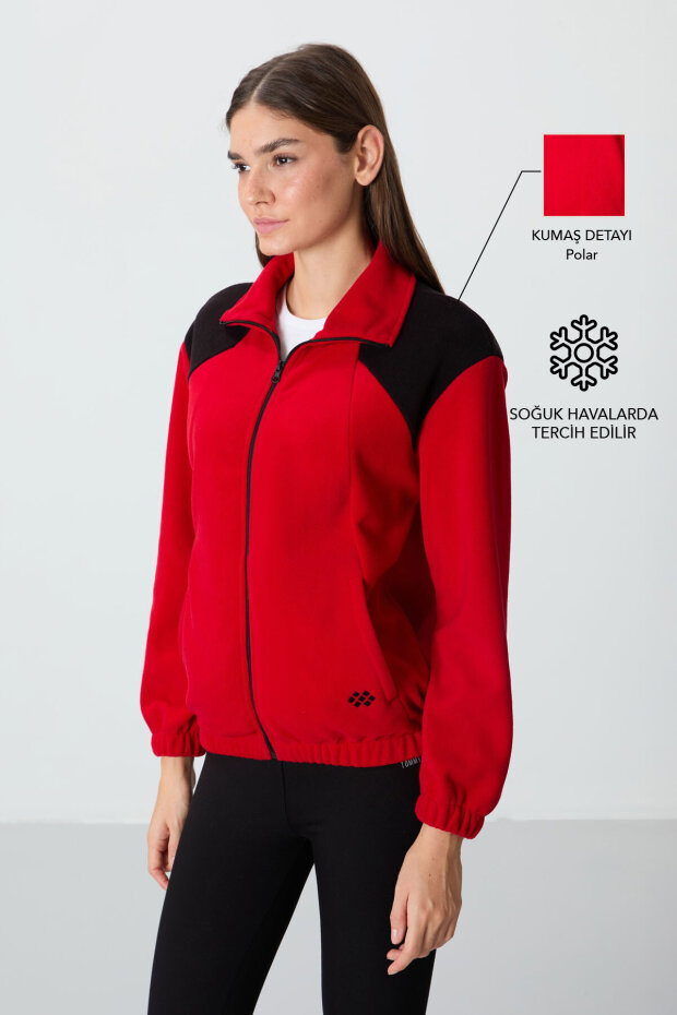 Kırmızı Kalın Yumuşak Dokulu Dik Yaka Oversize Nakışlı Polar Kadın Sweatshirt - 97293 - 1
