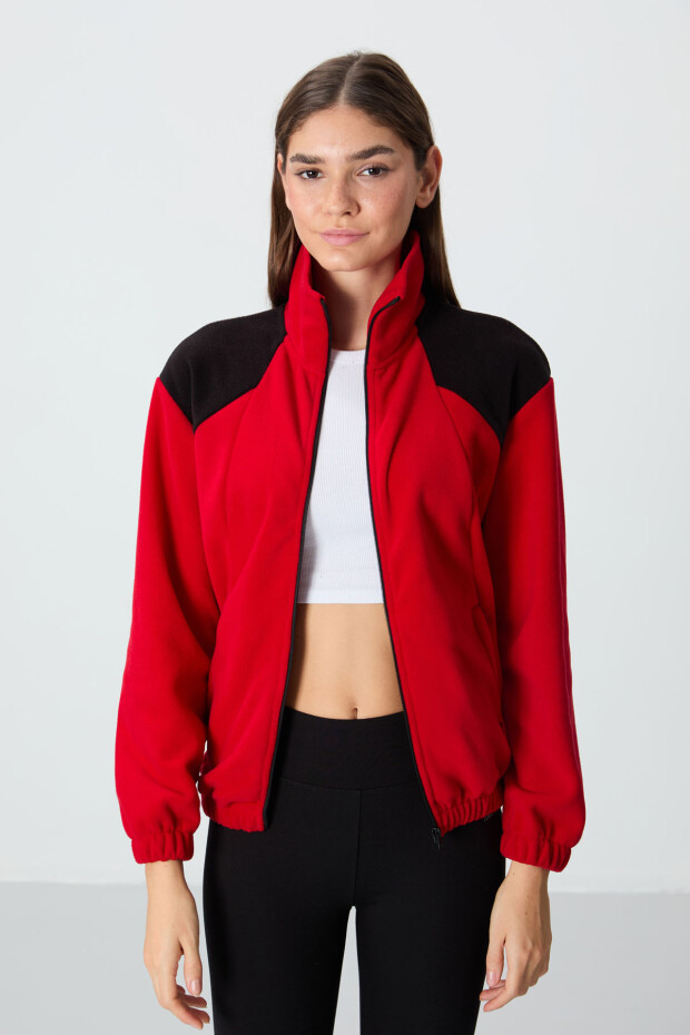 Kırmızı Kalın Yumuşak Dokulu Dik Yaka Oversize Nakışlı Polar Kadın Sweatshirt - 97293 - 2