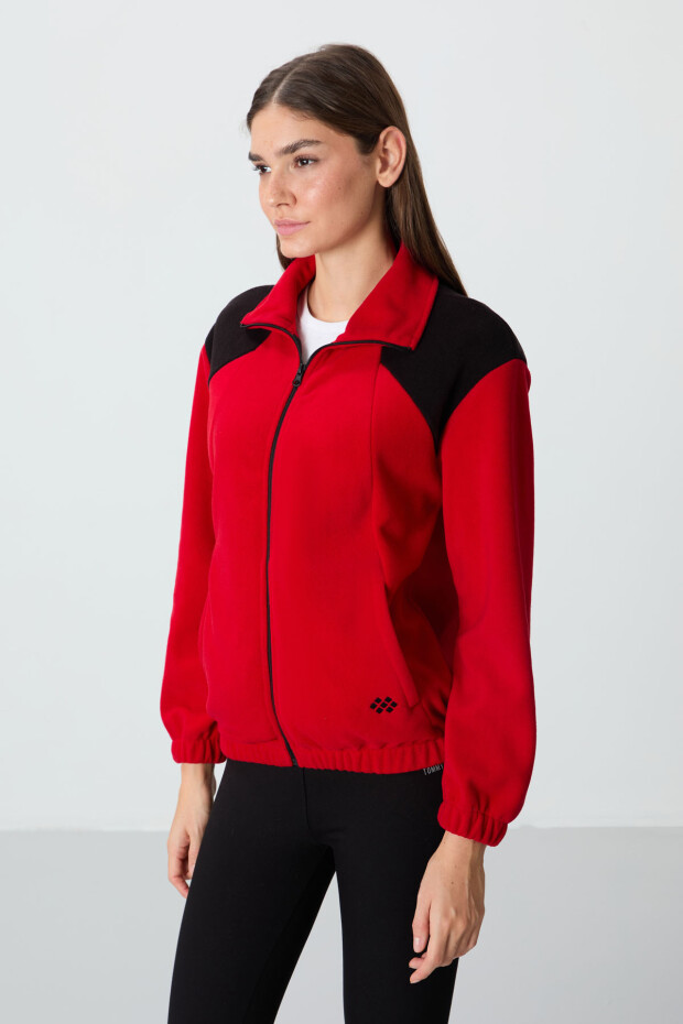 Kırmızı Kalın Yumuşak Dokulu Dik Yaka Oversize Nakışlı Polar Kadın Sweatshirt - 97293 - 3