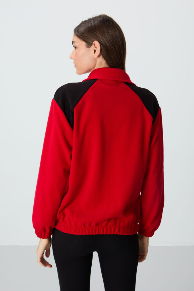 Kırmızı Kalın Yumuşak Dokulu Dik Yaka Oversize Nakışlı Polar Kadın Sweatshirt - 97293 - 6