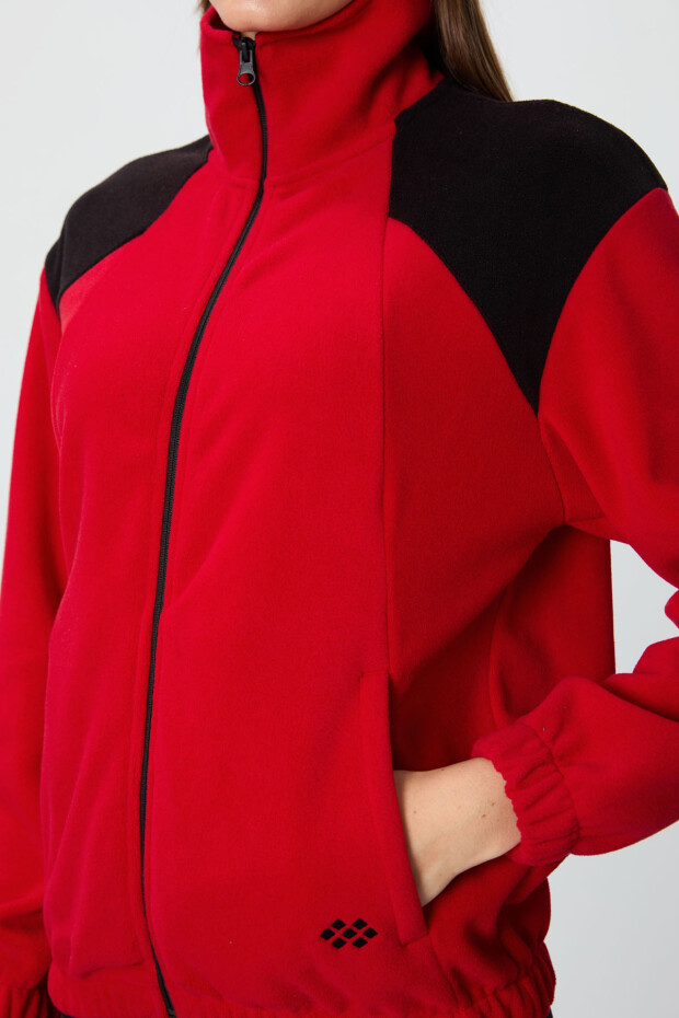 Kırmızı Kalın Yumuşak Dokulu Dik Yaka Oversize Nakışlı Polar Kadın Sweatshirt - 97293 - 5