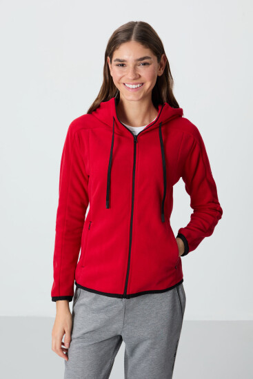 Kırmızı Kalın Yumuşak Dokulu Kapüşonlu Standart Fit Nakışlı Polar Kadın Sweatshirt -97287 