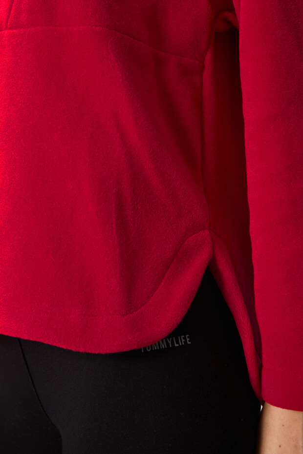 Kırmızı Kalın Yumuşak Dokulu Kapüşonlu Oversize Nakışlı Polar Kadın Sweatshirt -97286 - 3