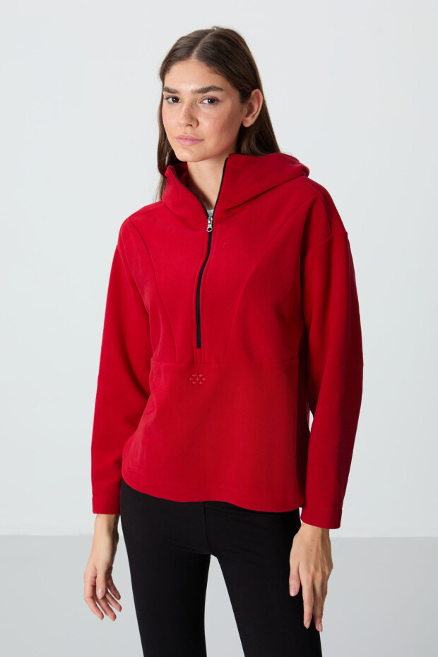 Kırmızı Kalın Yumuşak Dokulu Kapüşonlu Oversize Nakışlı Polar Kadın Sweatshirt -97286 - 1