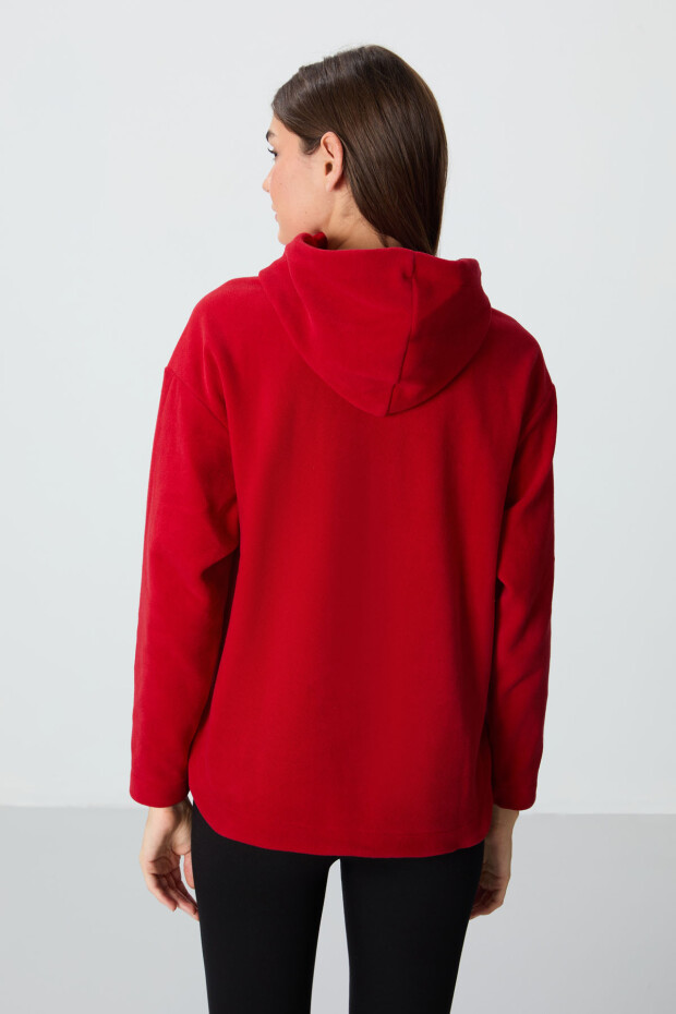 Kırmızı Kalın Yumuşak Dokulu Kapüşonlu Oversize Nakışlı Polar Kadın Sweatshirt -97286 - 6