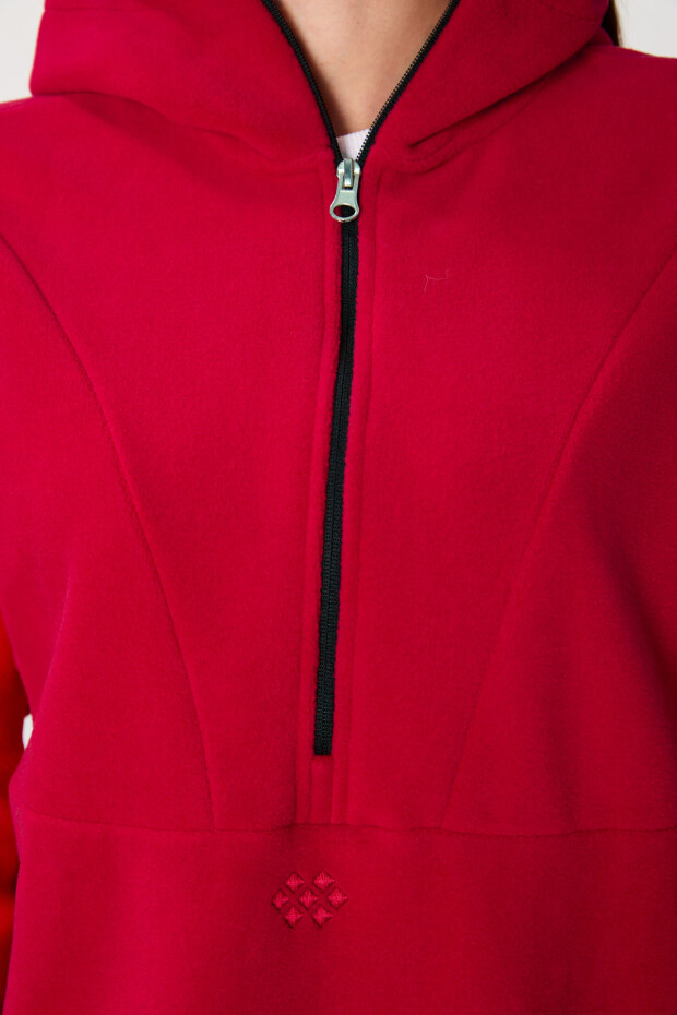 Kırmızı Kalın Yumuşak Dokulu Kapüşonlu Oversize Nakışlı Polar Kadın Sweatshirt -97286 - 5