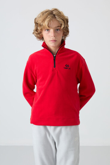 Kırmızı Kalın Yumuşak Dokulu Standart Fit Nakışlı Polar Erkek Çocuk Sweatshirt - 11221 
