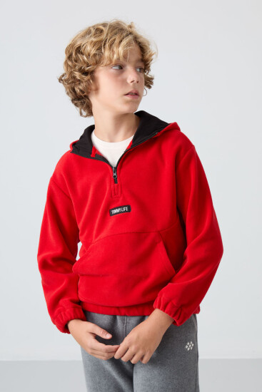 Kırmızı Kalın Yumuşak Dokulu Standart Fit Nakışlı Polar Erkek Çocuk Sweatshirt - 11230 