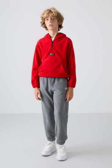 Kırmızı Kalın Yumuşak Dokulu Standart Fit Nakışlı Polar Erkek Çocuk Sweatshirt - 11230 - TOMMYLIFE (1)