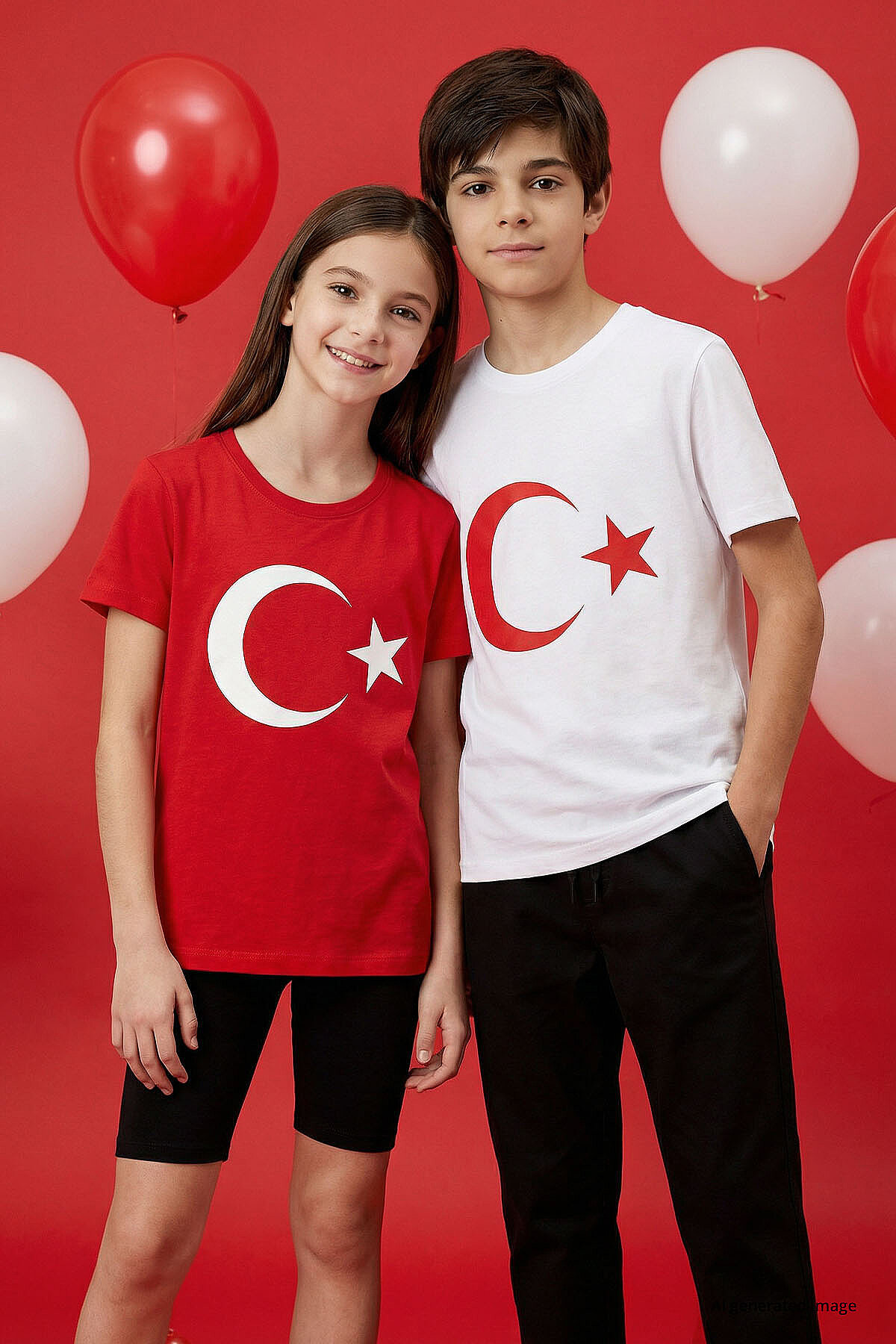 Kırmızı Ay Yıldız Baskılı Unisex Çocuk T-Shirt - 11333 - TOMMYLIFE