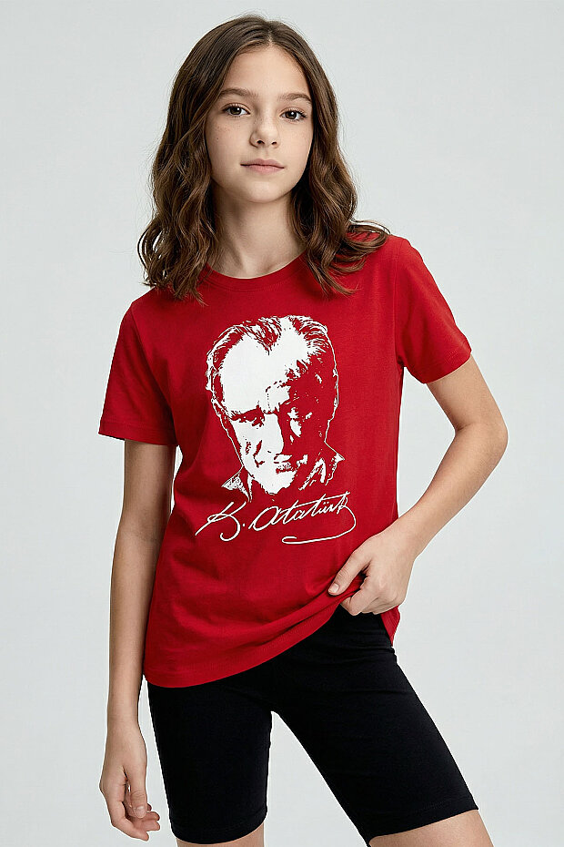 Kırmızı Atatürk Baskılı Unisex T-Shirt - 11332 - 5