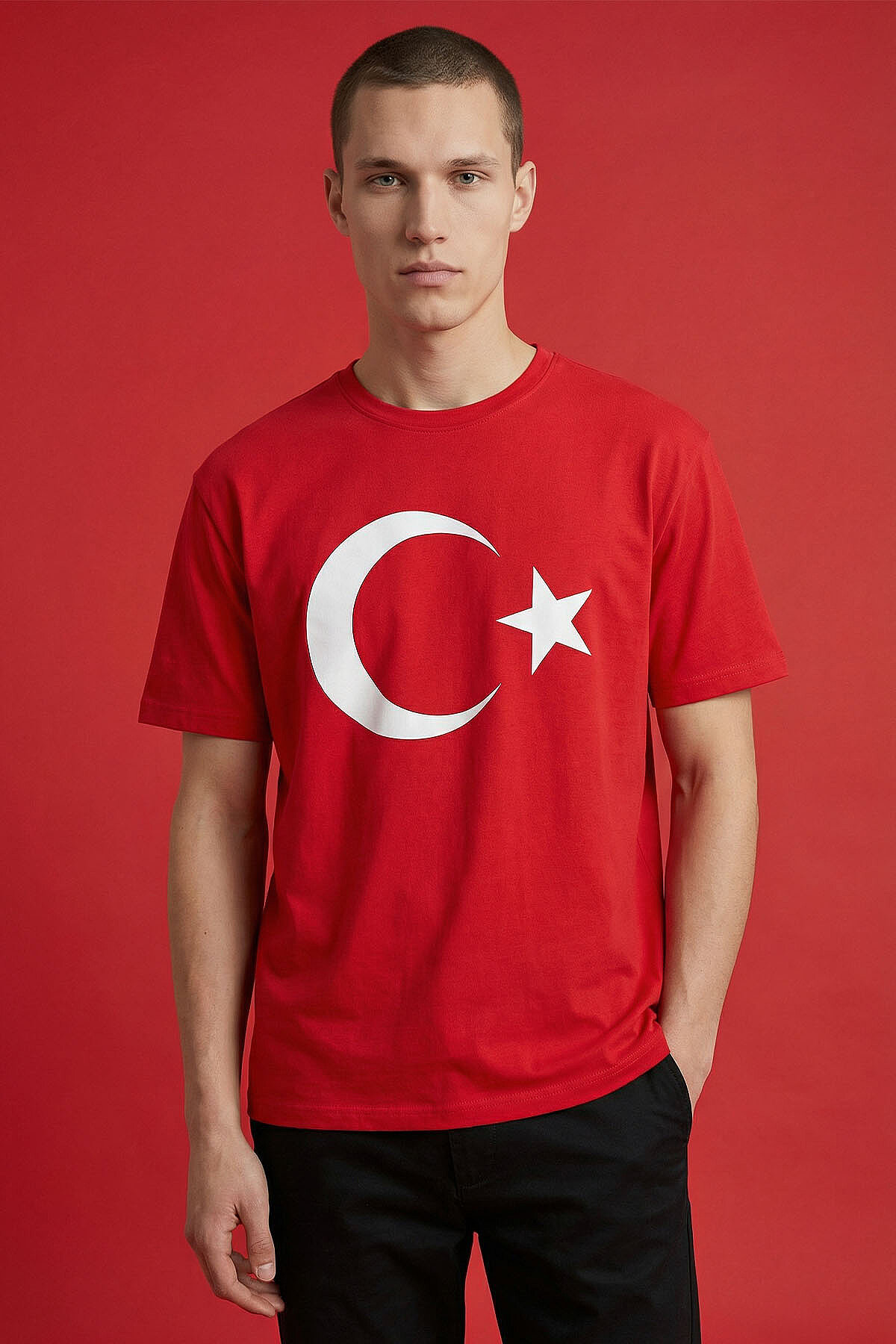 Kırmızı Ay Yıldız Baskılı Unisex T-Shirt - 88509 - TOMMYLIFE (1)