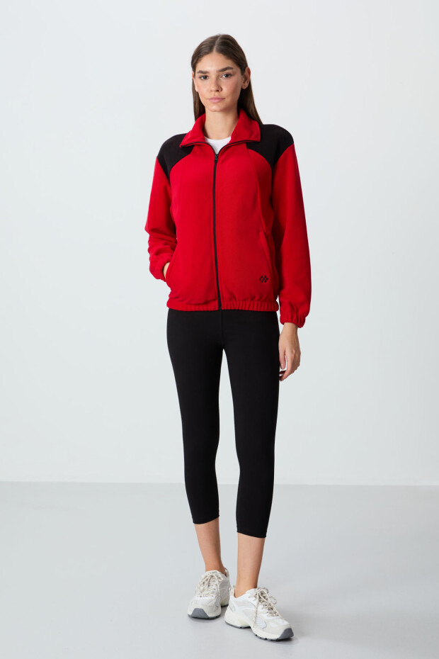 Kırmızı Kalın Yumuşak Dokulu Dik Yaka Oversize Nakışlı Polar Kadın Sweatshirt - 97293 - 4