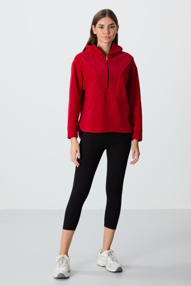 Kırmızı Kalın Yumuşak Dokulu Kapüşonlu Standart Kalıp Nakışlı Polar Kadın Sweatshirt -97286 - 2