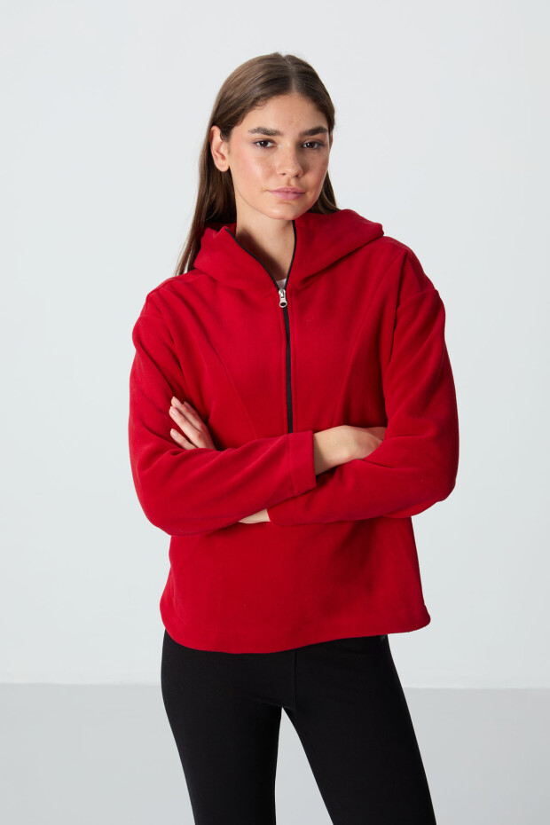 Kırmızı Kalın Yumuşak Dokulu Kapüşonlu Standart Kalıp Nakışlı Polar Kadın Sweatshirt -97286 - 4