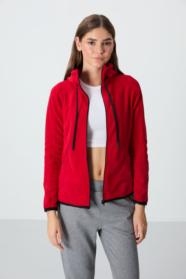 Kırmızı Kalın Yumuşak Dokulu Kapüşonlu Standart Fit Nakışlı Polar Kadın Sweatshirt -97287 - 3